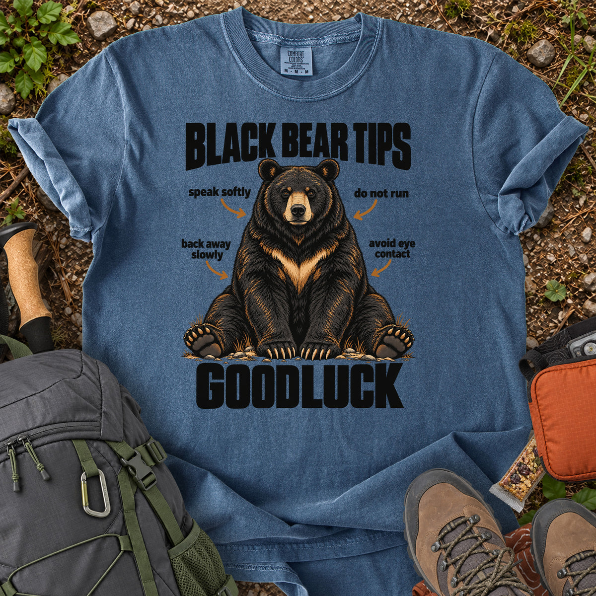 Bear Safety Tips Good Luck hiking humor graphic T-shirt