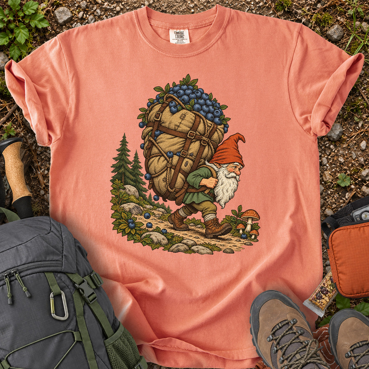 Blueberry Hauling Forest Gnome woodland illustration T-shirt