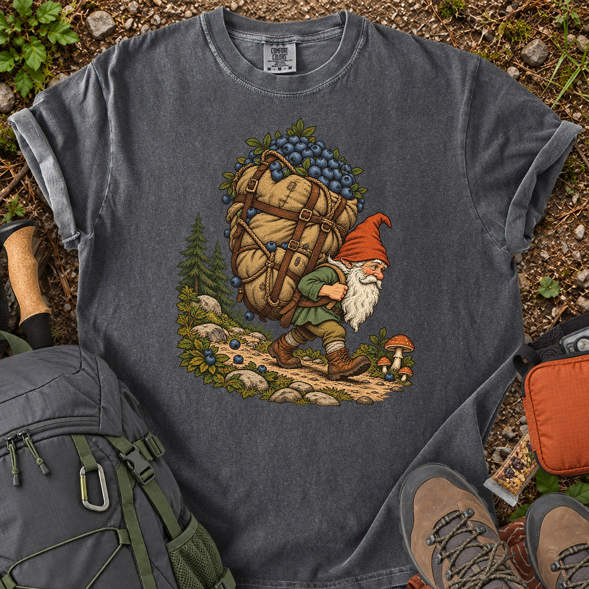 Blueberry Hauling Forest Gnome woodland illustration T-shirt