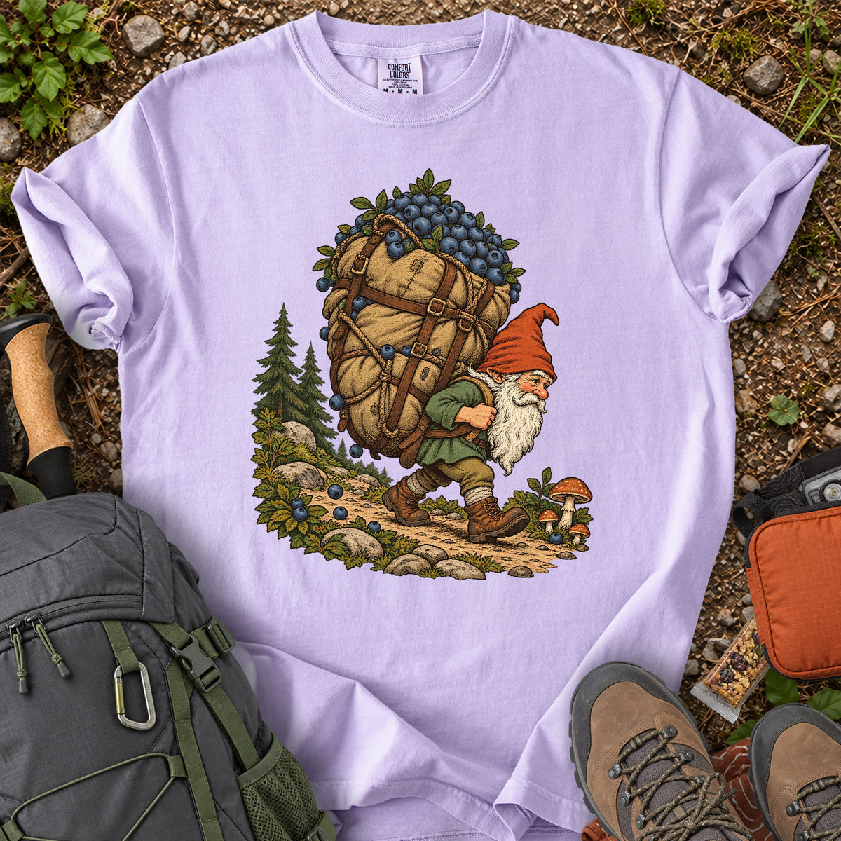 Blueberry Hauling Forest Gnome woodland illustration T-shirt