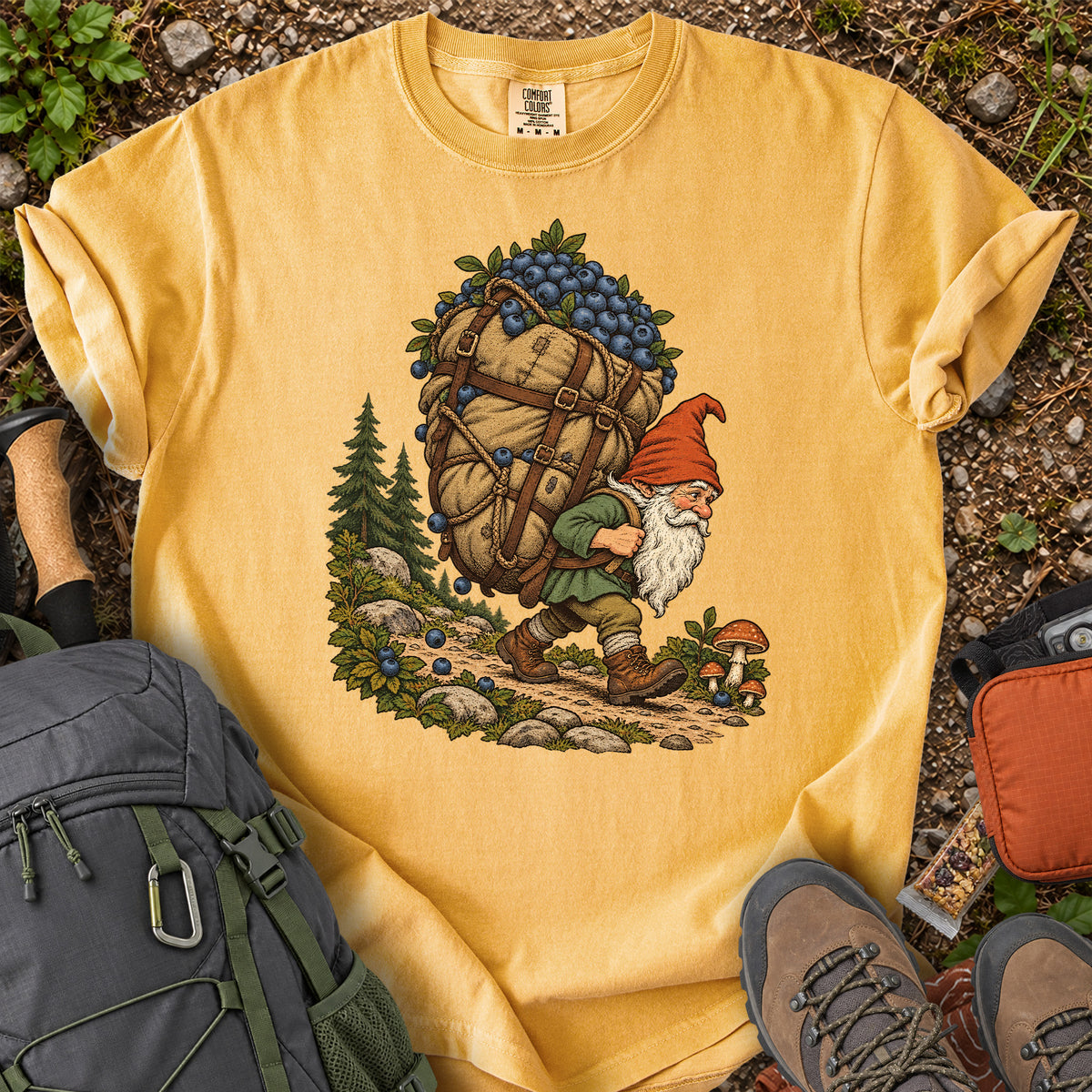 Blueberry Hauling Forest Gnome woodland illustration T-shirt