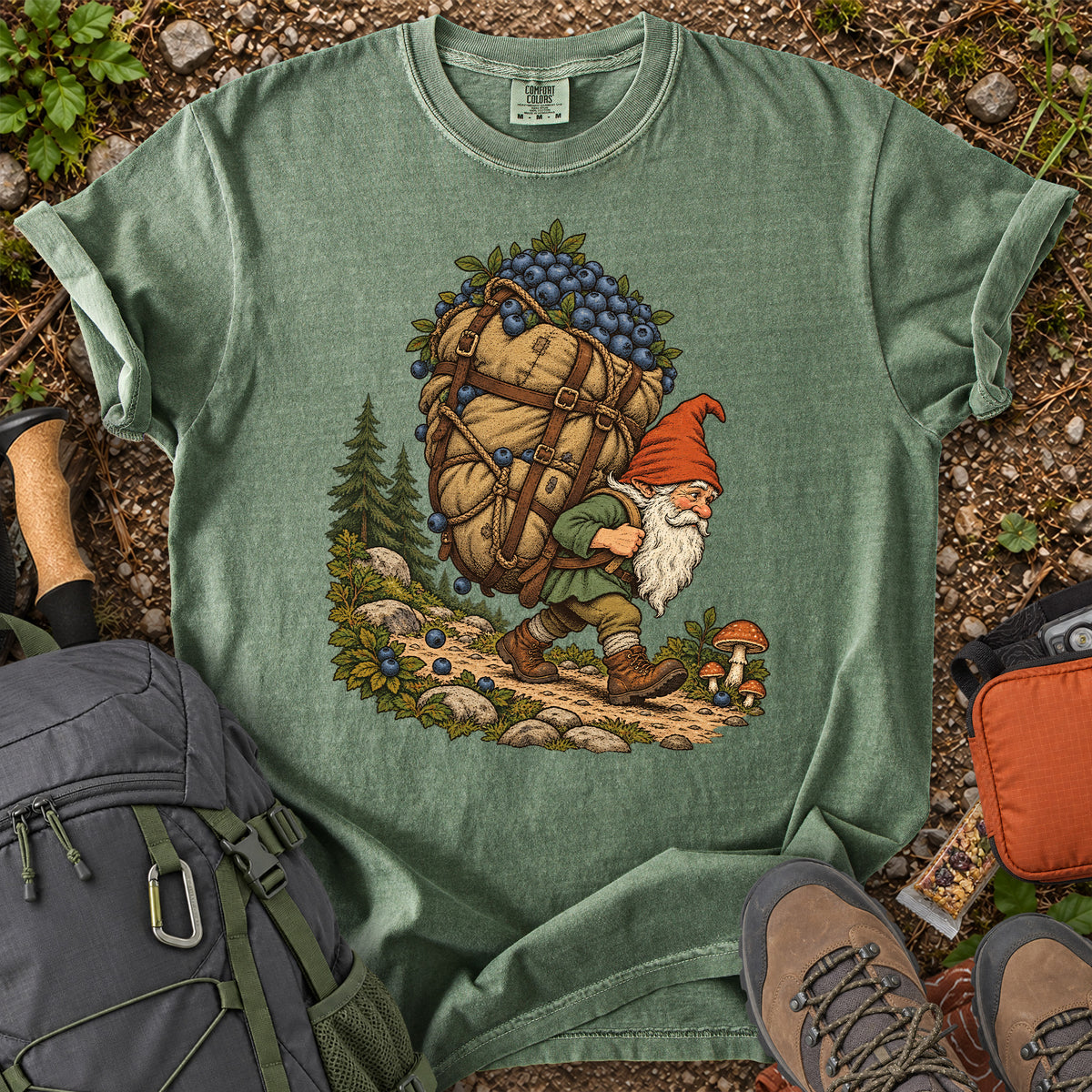 Blueberry Hauling Forest Gnome woodland illustration T-shirt
