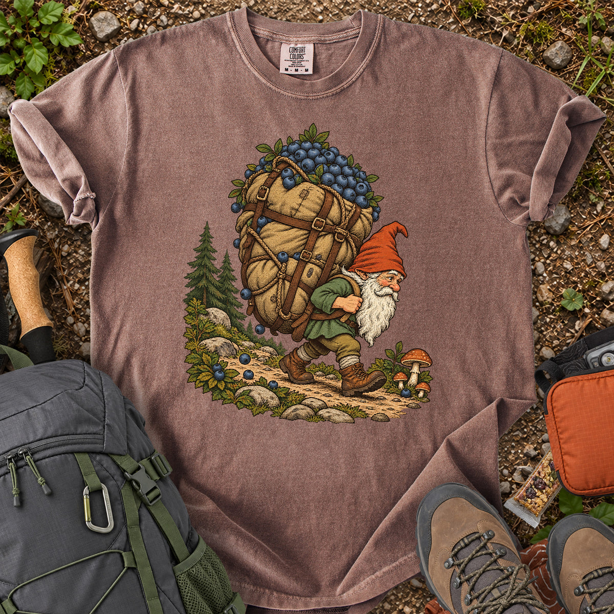Blueberry Hauling Forest Gnome woodland illustration T-shirt