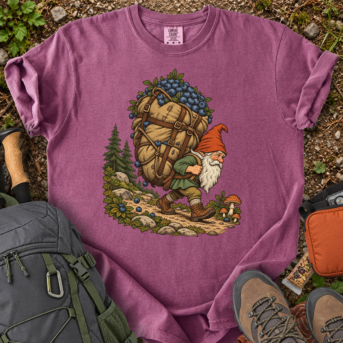Blueberry Hauling Forest Gnome woodland illustration T-shirt