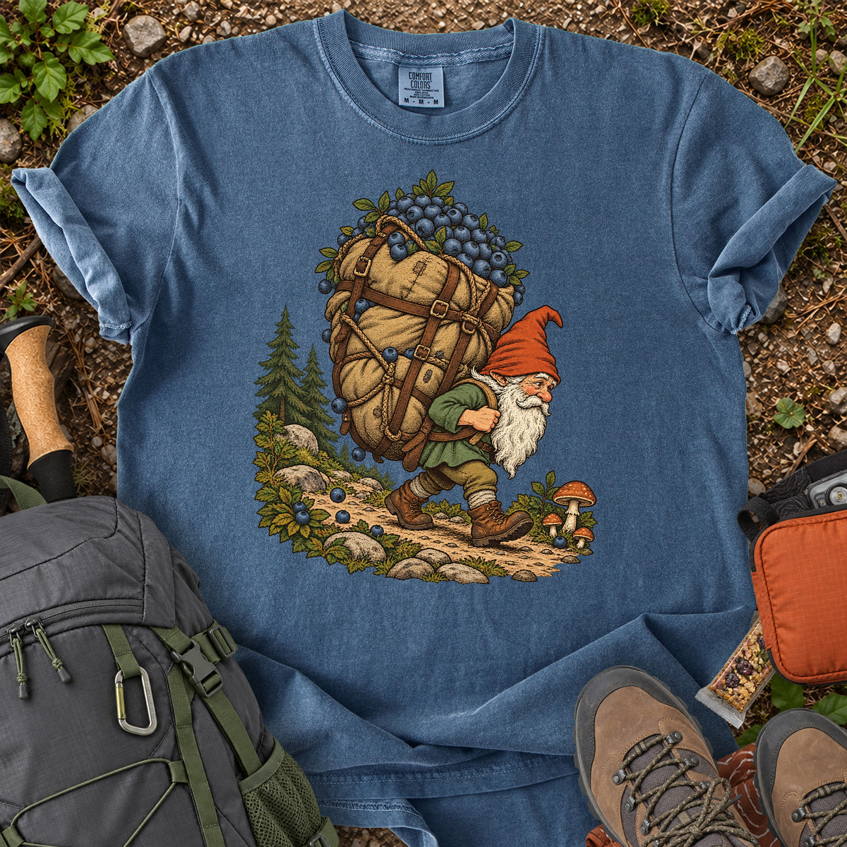 Blueberry Hauling Forest Gnome woodland illustration T-shirt