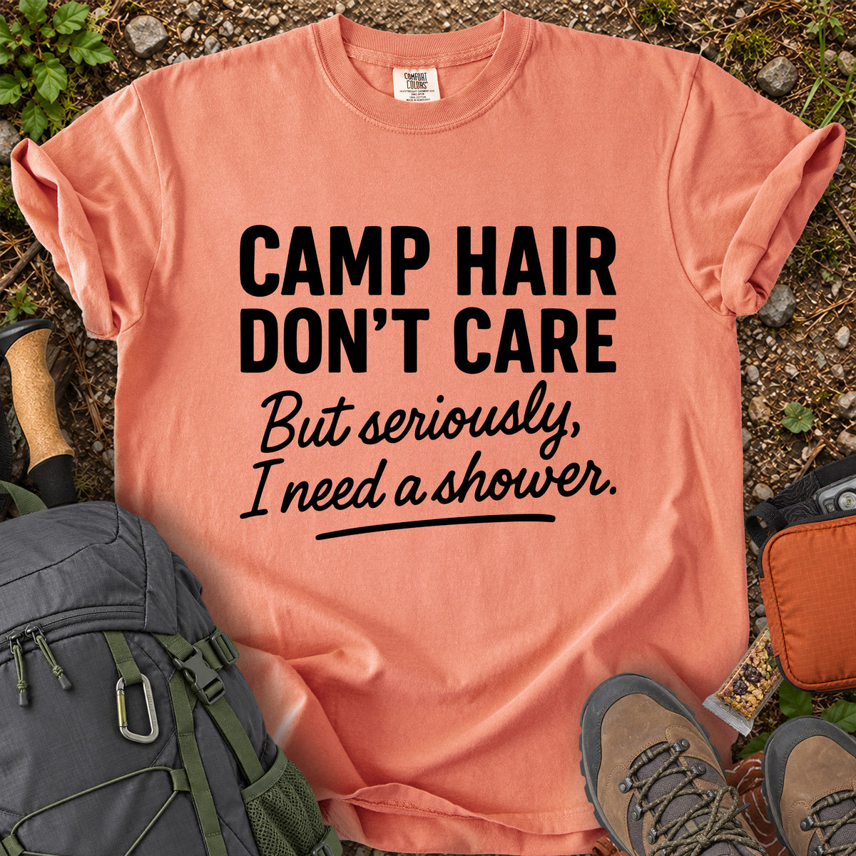 Camp Hair Don't Care funny camping graphic T-shirt