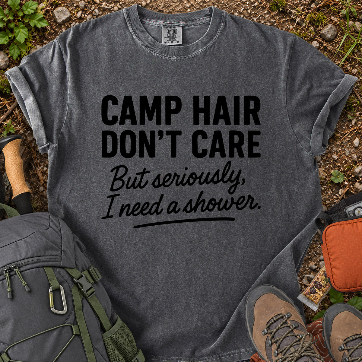 Camp Hair Don't Care funny camping graphic T-shirt