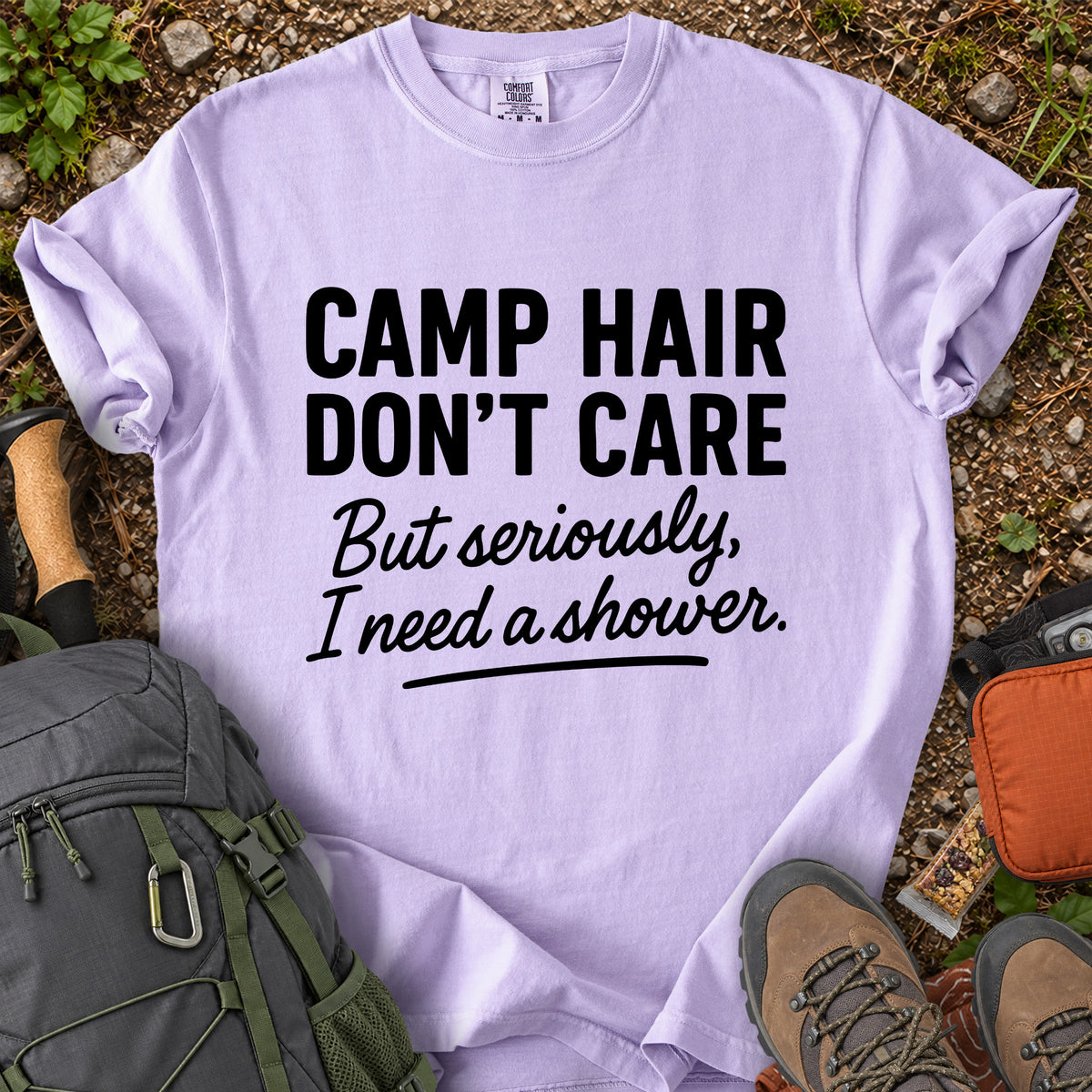 Camp Hair Don't Care funny camping graphic T-shirt