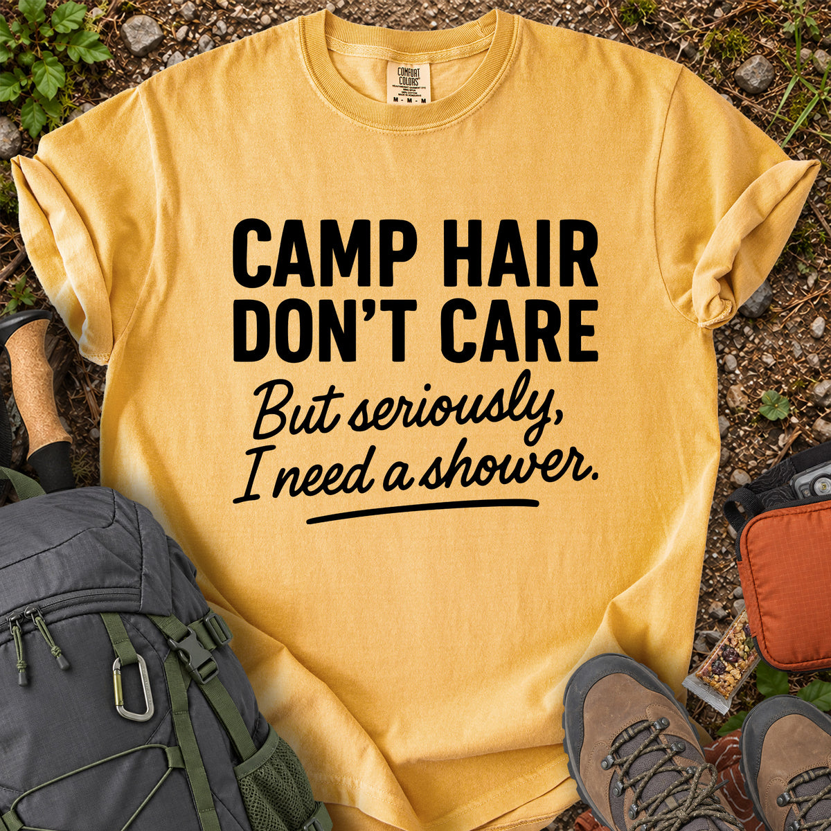 Camp Hair Don't Care funny camping graphic T-shirt