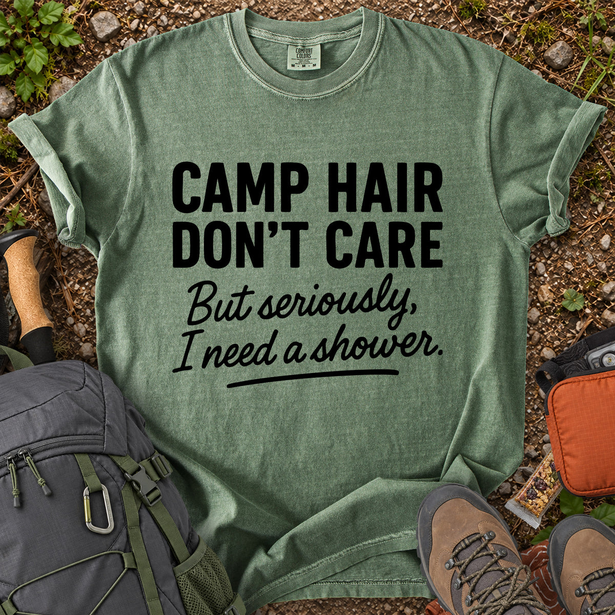 Camp Hair Don't Care funny camping graphic T-shirt