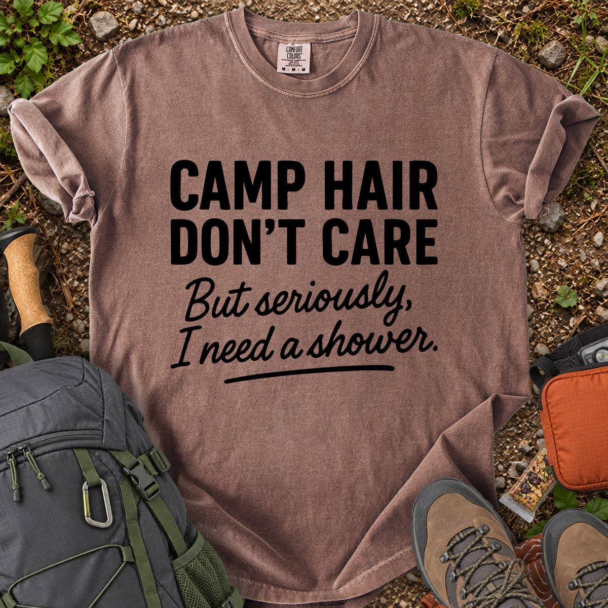 Camp Hair Don't Care funny camping graphic T-shirt