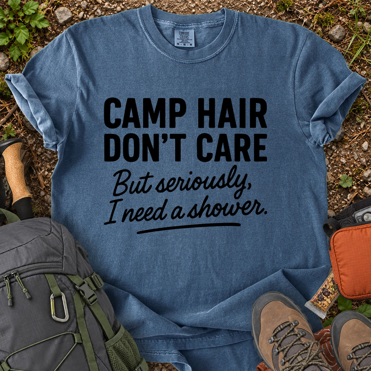Camp Hair Don't Care funny camping graphic T-shirt