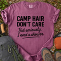 Camp Hair Don't Care funny camping graphic T-shirt