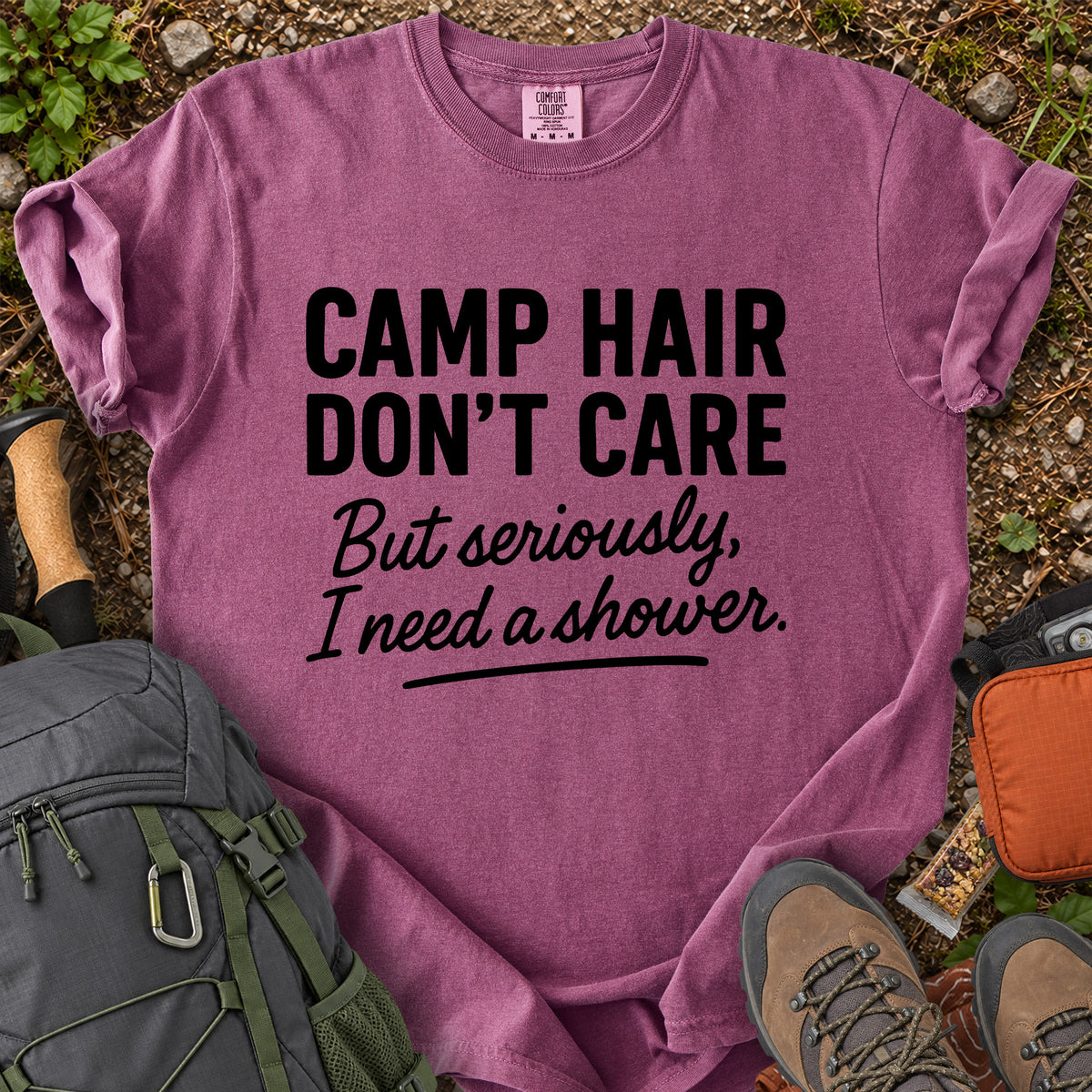 Camp Hair Don't Care funny camping graphic T-shirt
