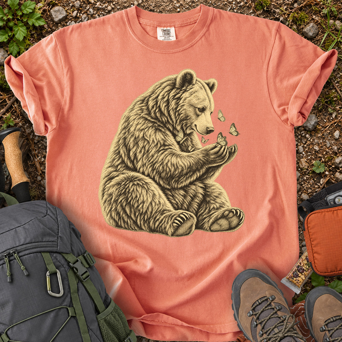 Gentle Bear and Butterflies wildlife illustration T-shirt