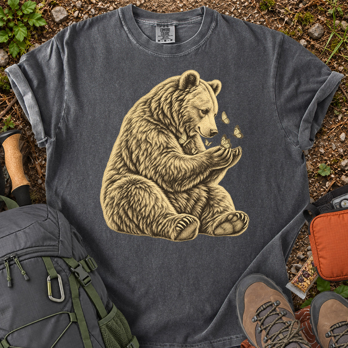 Gentle Bear and Butterflies wildlife illustration T-shirt