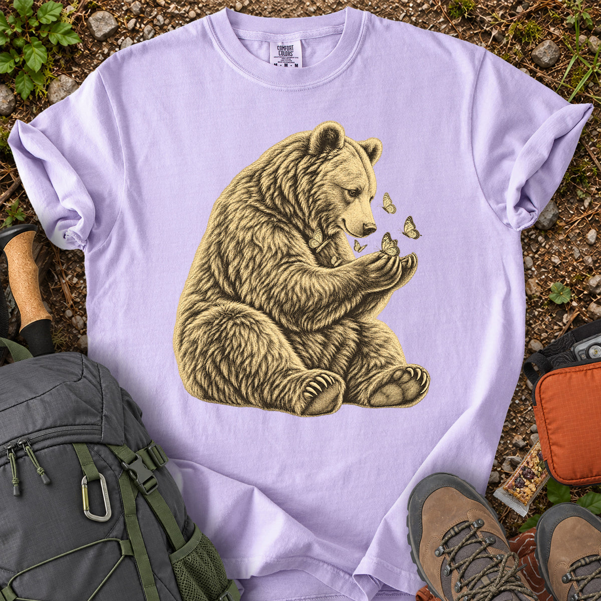 Gentle Bear and Butterflies wildlife illustration T-shirt