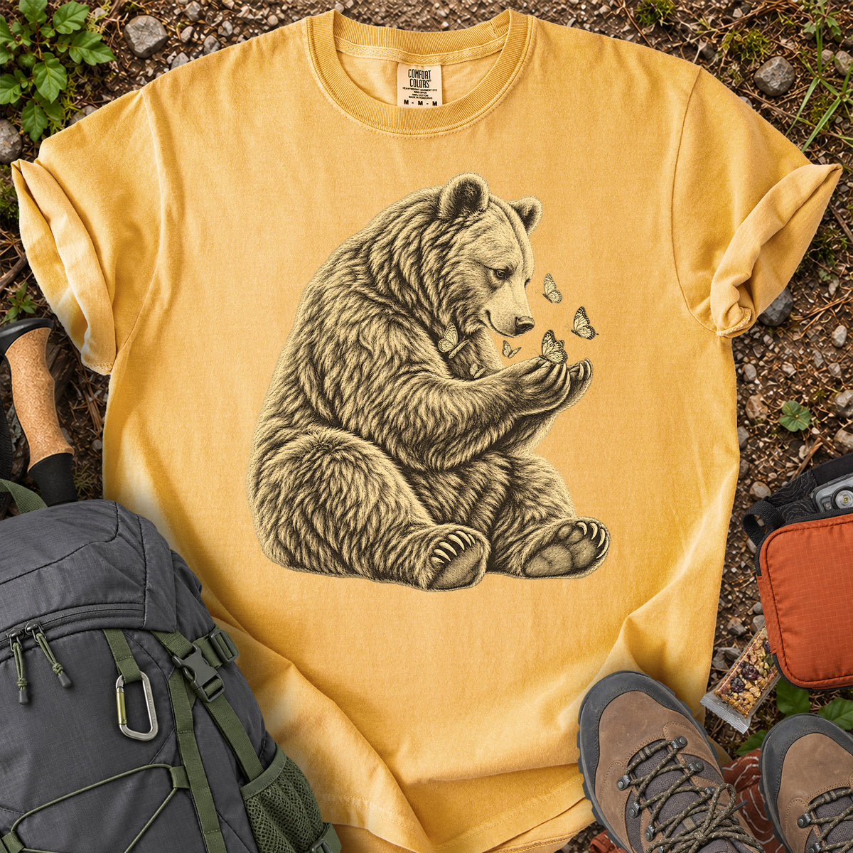 Gentle Bear and Butterflies wildlife illustration T-shirt