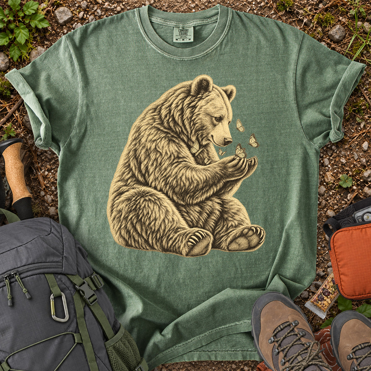 Gentle Bear and Butterflies wildlife illustration T-shirt