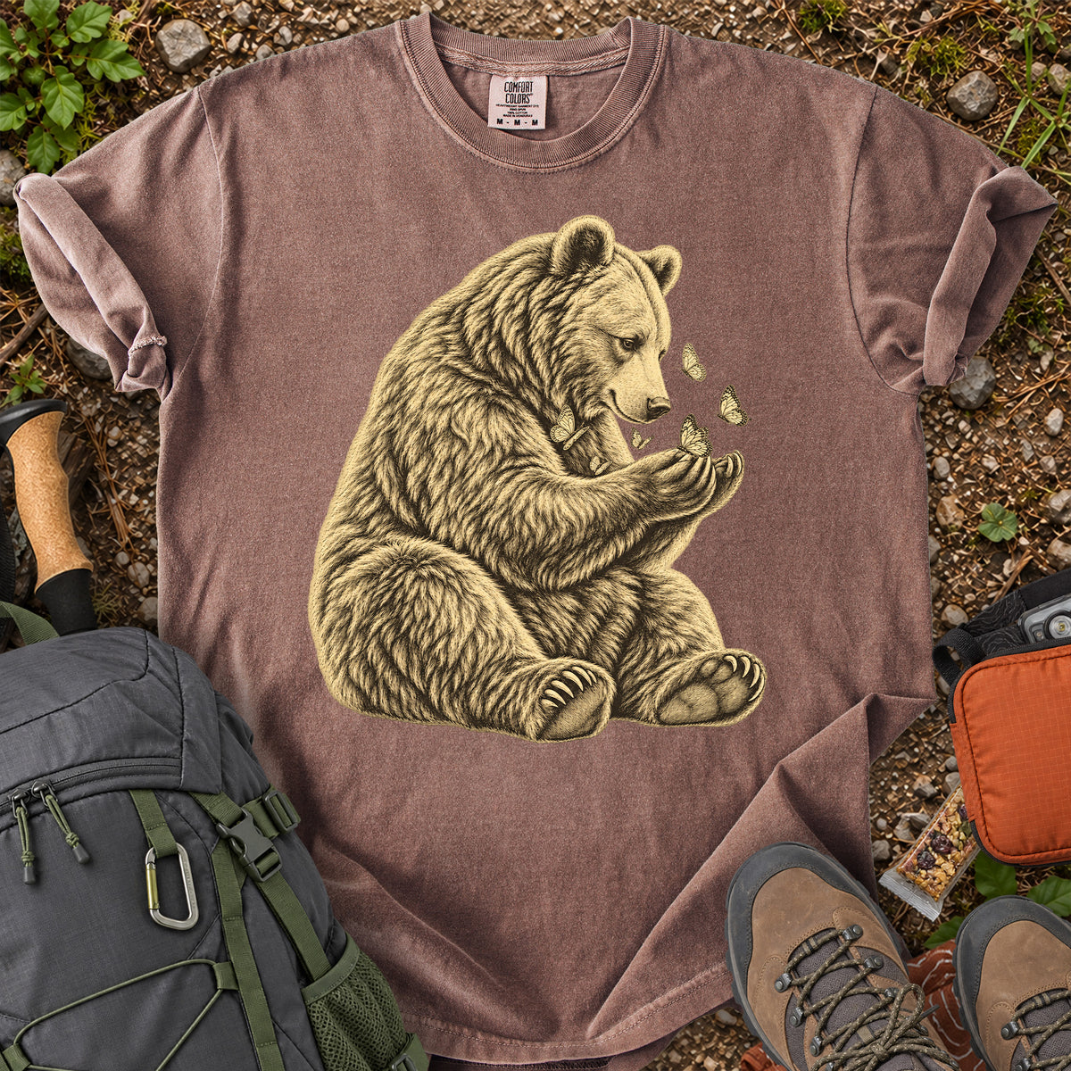 Gentle Bear and Butterflies wildlife illustration T-shirt