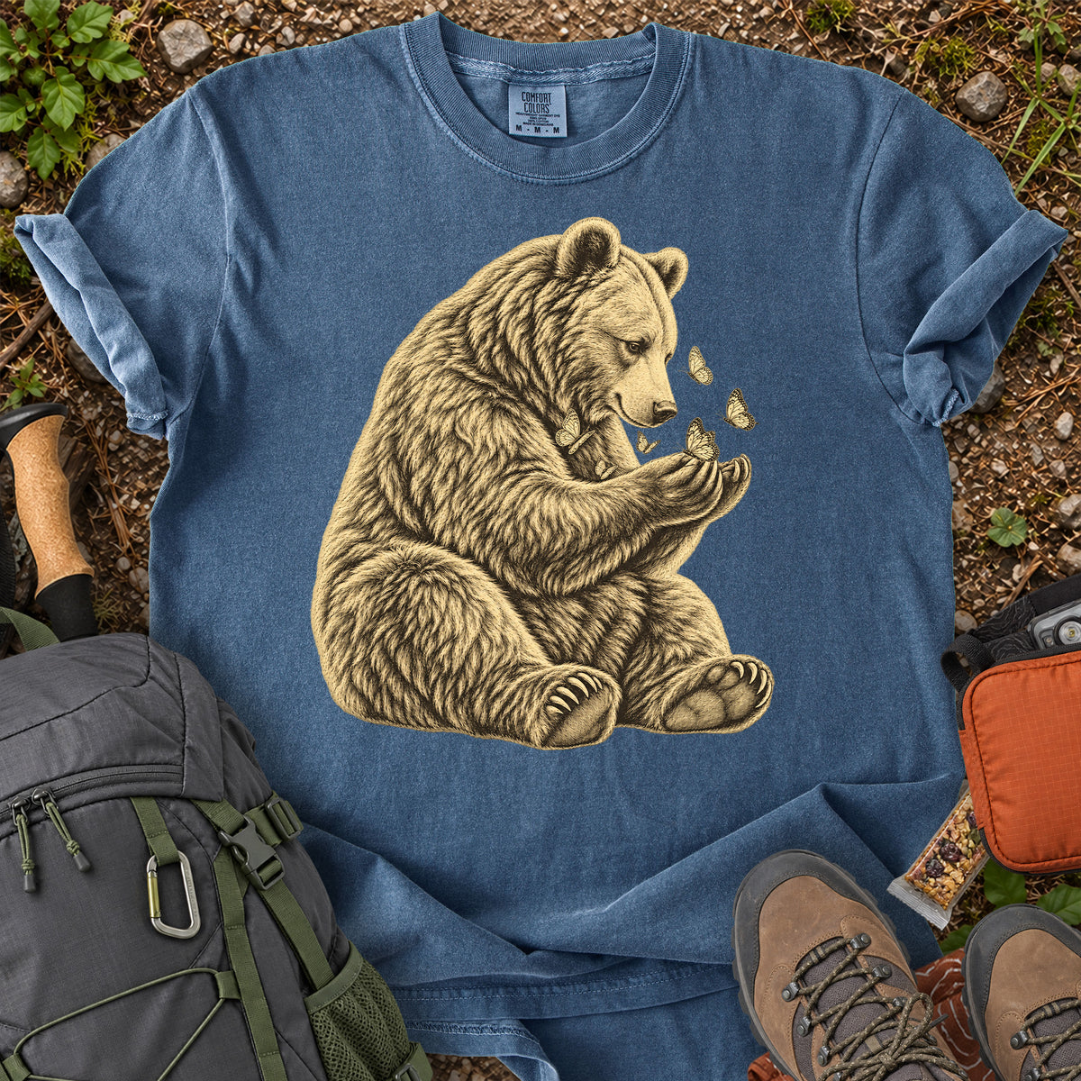 Gentle Bear and Butterflies wildlife illustration T-shirt
