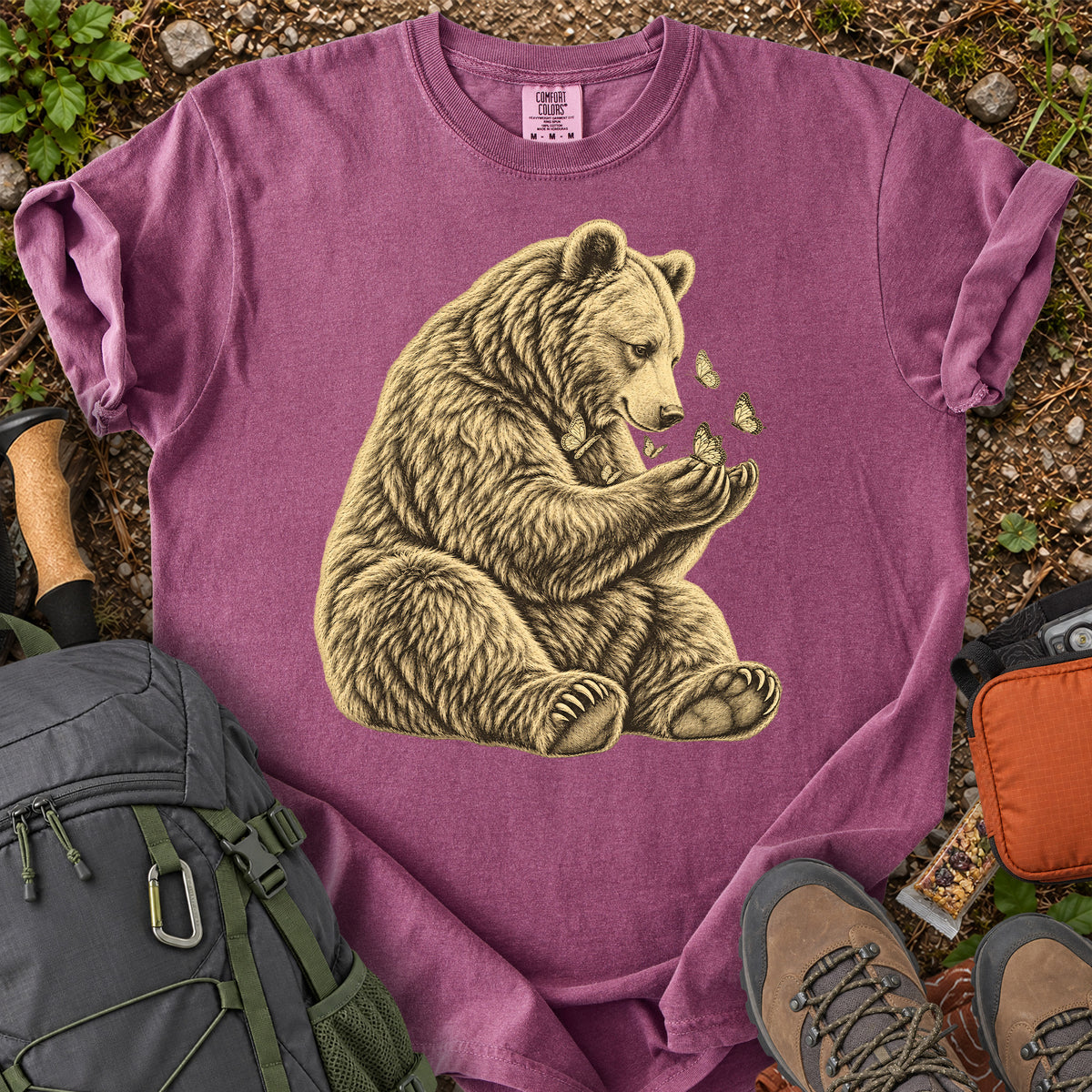 Gentle Bear and Butterflies wildlife illustration T-shirt