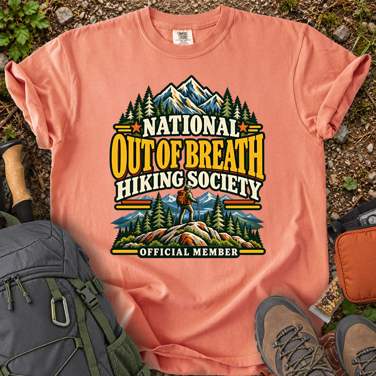Out of Breath Hiking Society men's trail humor T-shirt
