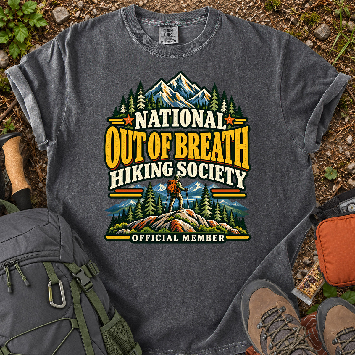 Out of Breath Hiking Society men's trail humor T-shirt