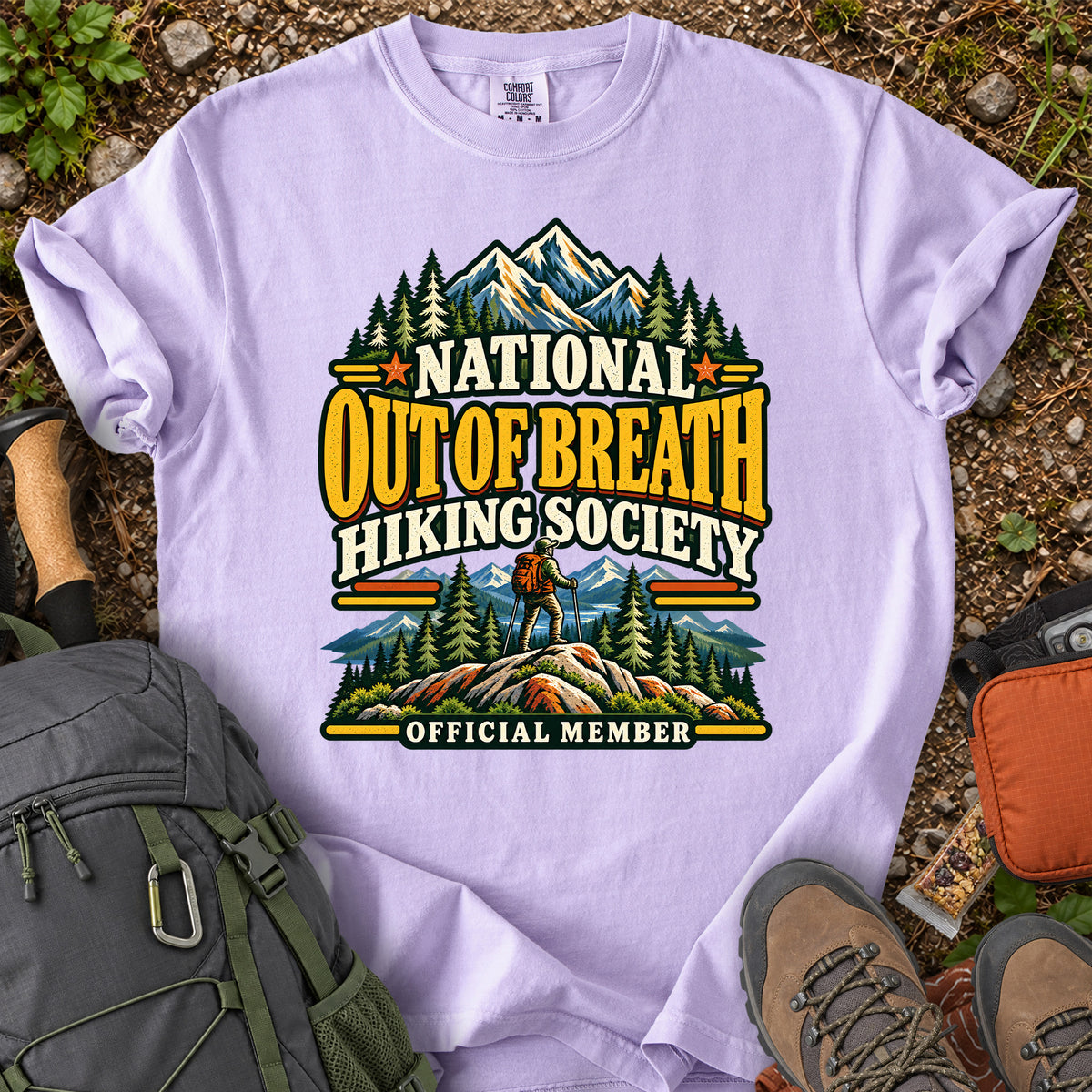Out of Breath Hiking Society men's trail humor T-shirt