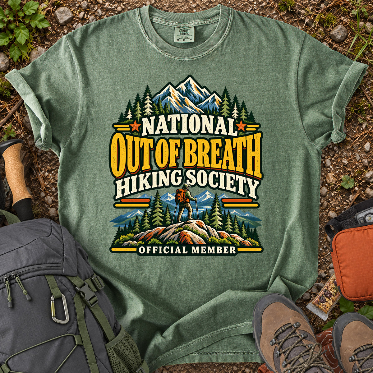 Out of Breath Hiking Society men's trail humor T-shirt
