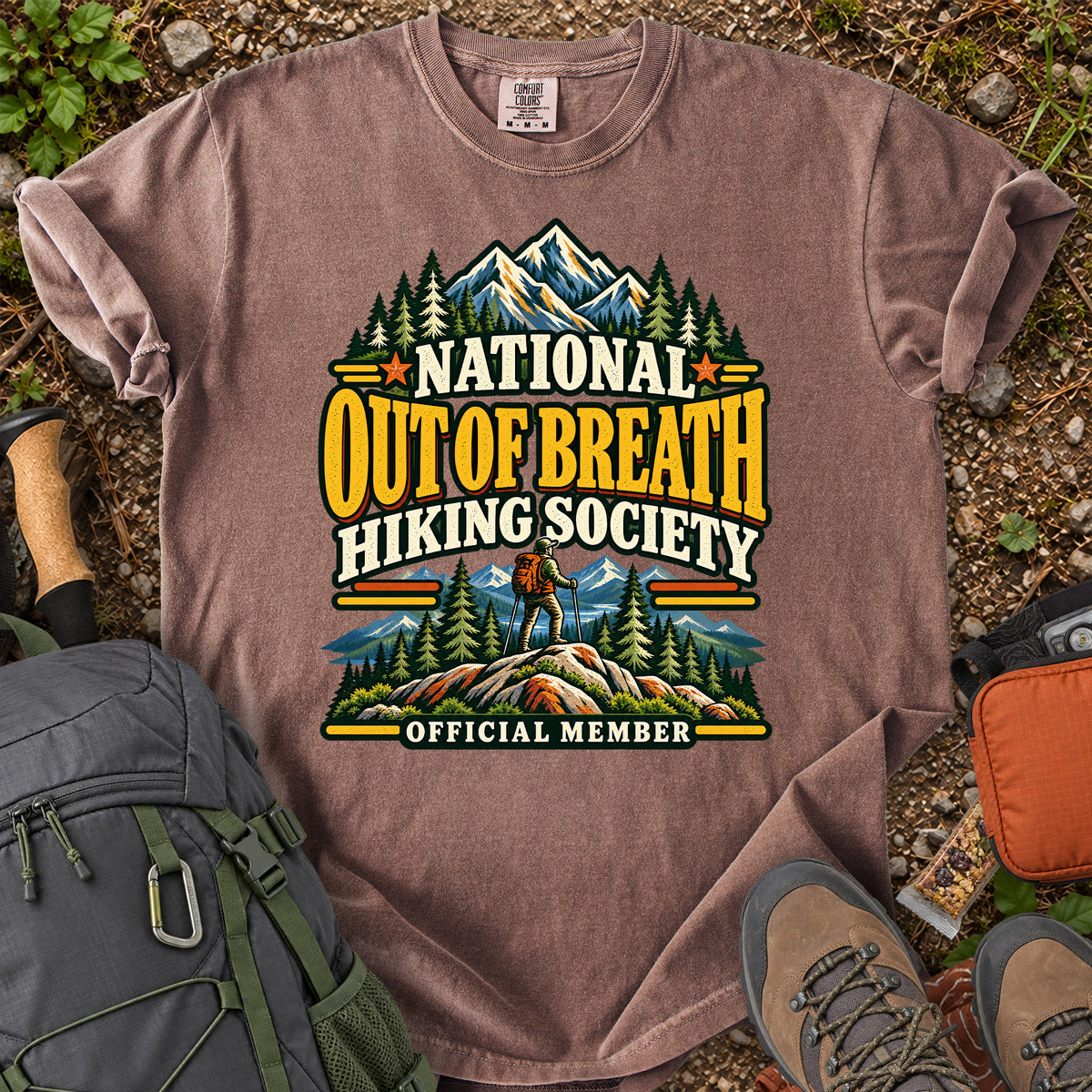 Out of Breath Hiking Society men's trail humor T-shirt