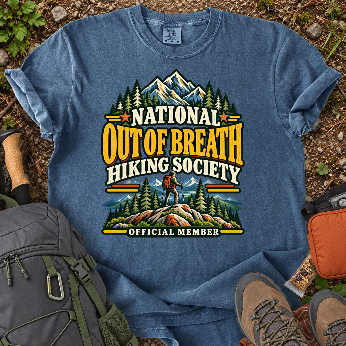 Out of Breath Hiking Society men's trail humor T-shirt