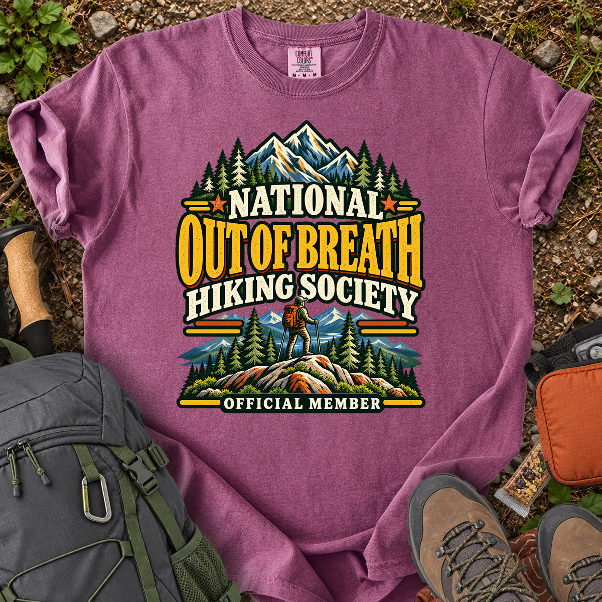 Out of Breath Hiking Society men's trail humor T-shirt