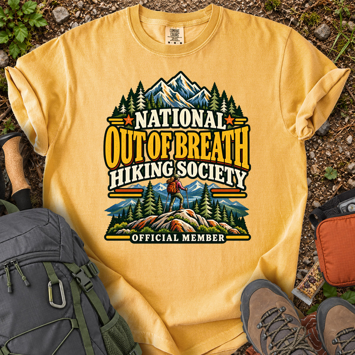 Out of Breath Hiking Society women's trail humor T-shirt