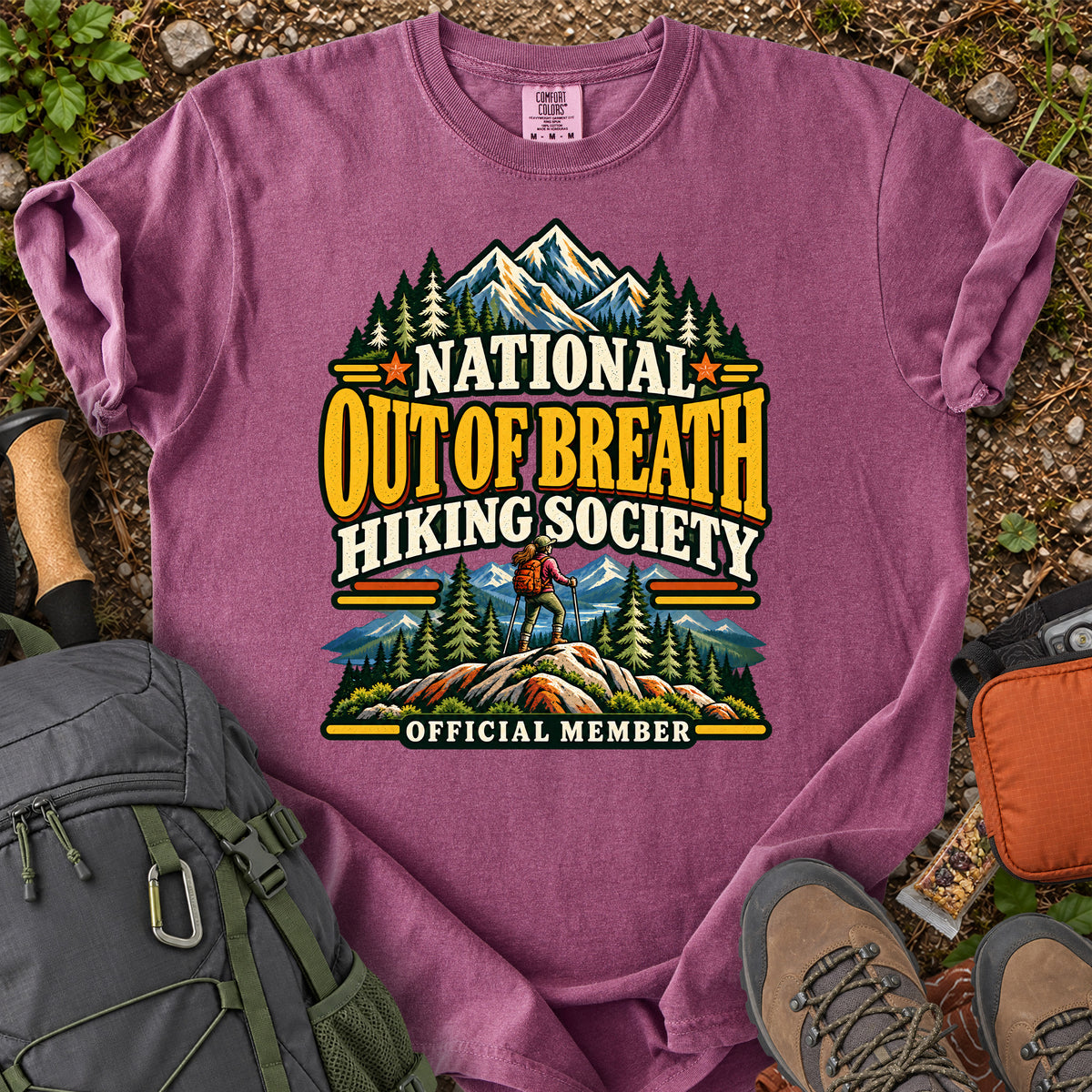 Out of Breath Hiking Society women's trail humor T-shirt