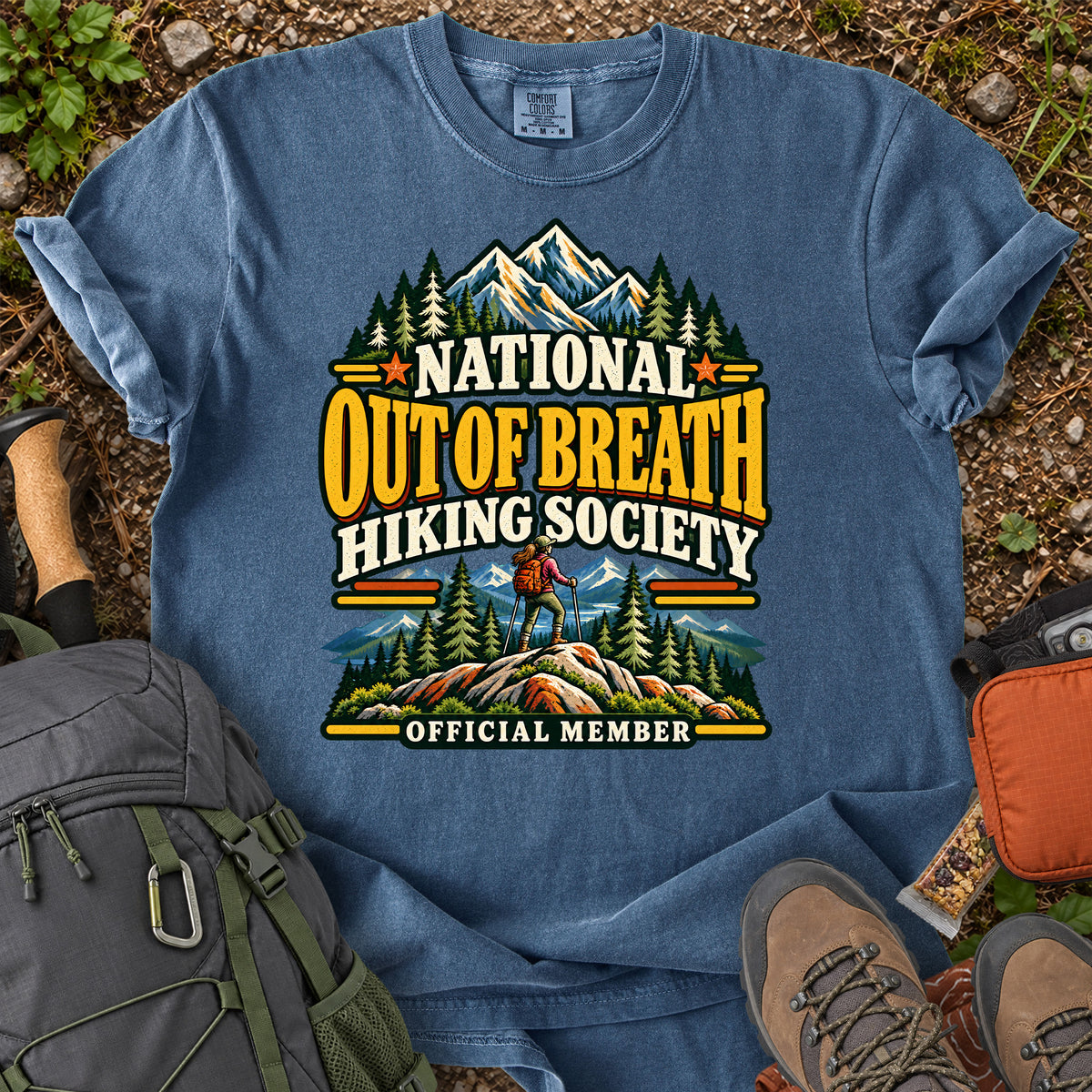 Out of Breath Hiking Society women's trail humor T-shirt