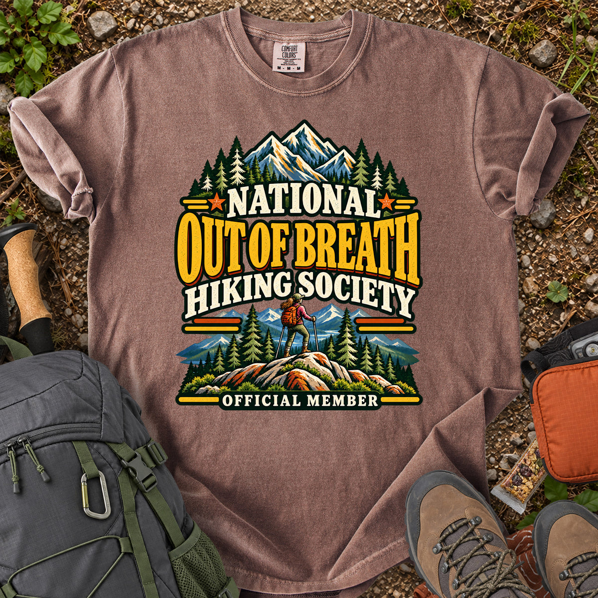 Out of Breath Hiking Society women's trail humor T-shirt
