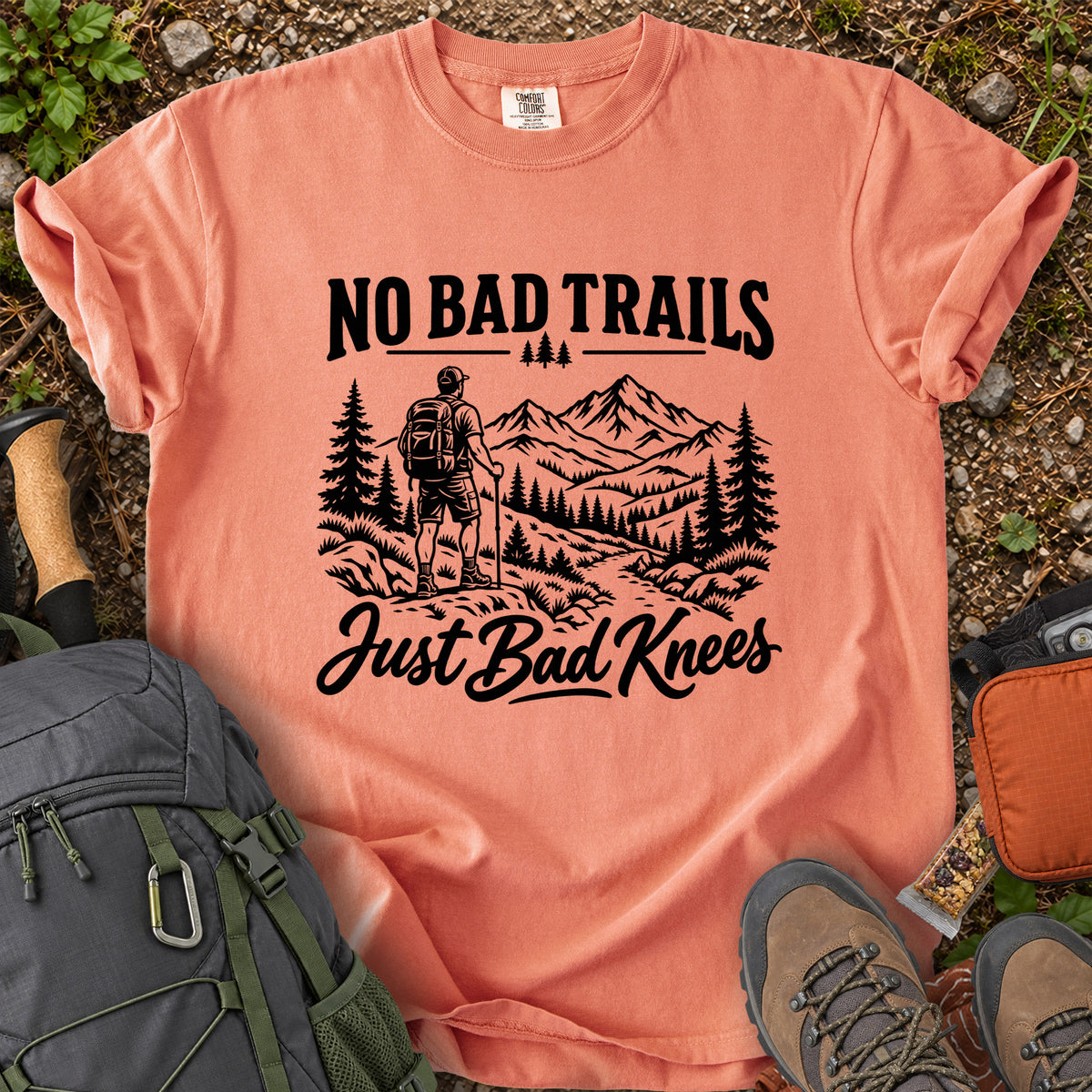 No Bad Trails Just Bad Knees men's hiking humor T-shirt