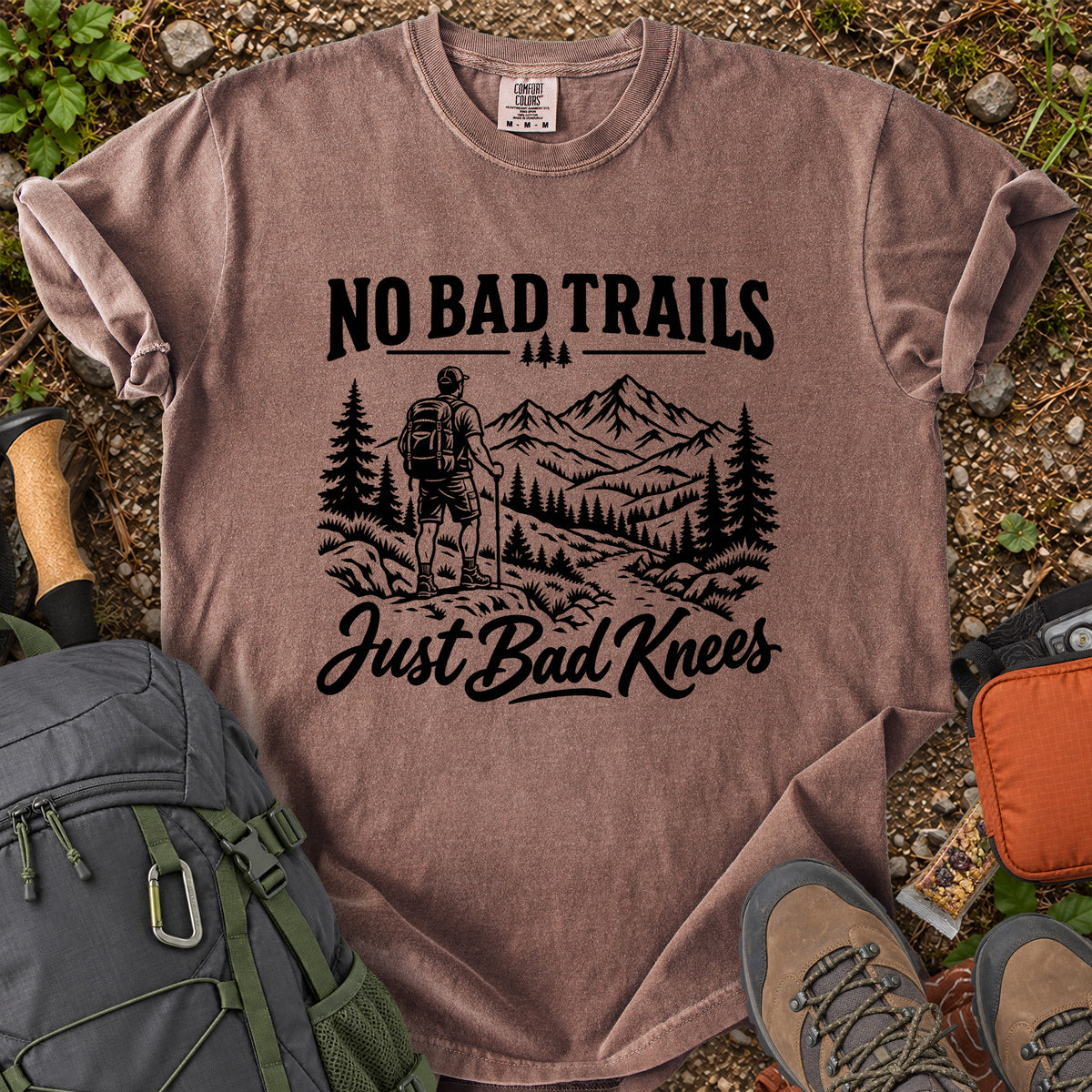 No Bad Trails Just Bad Knees men's hiking humor T-shirt