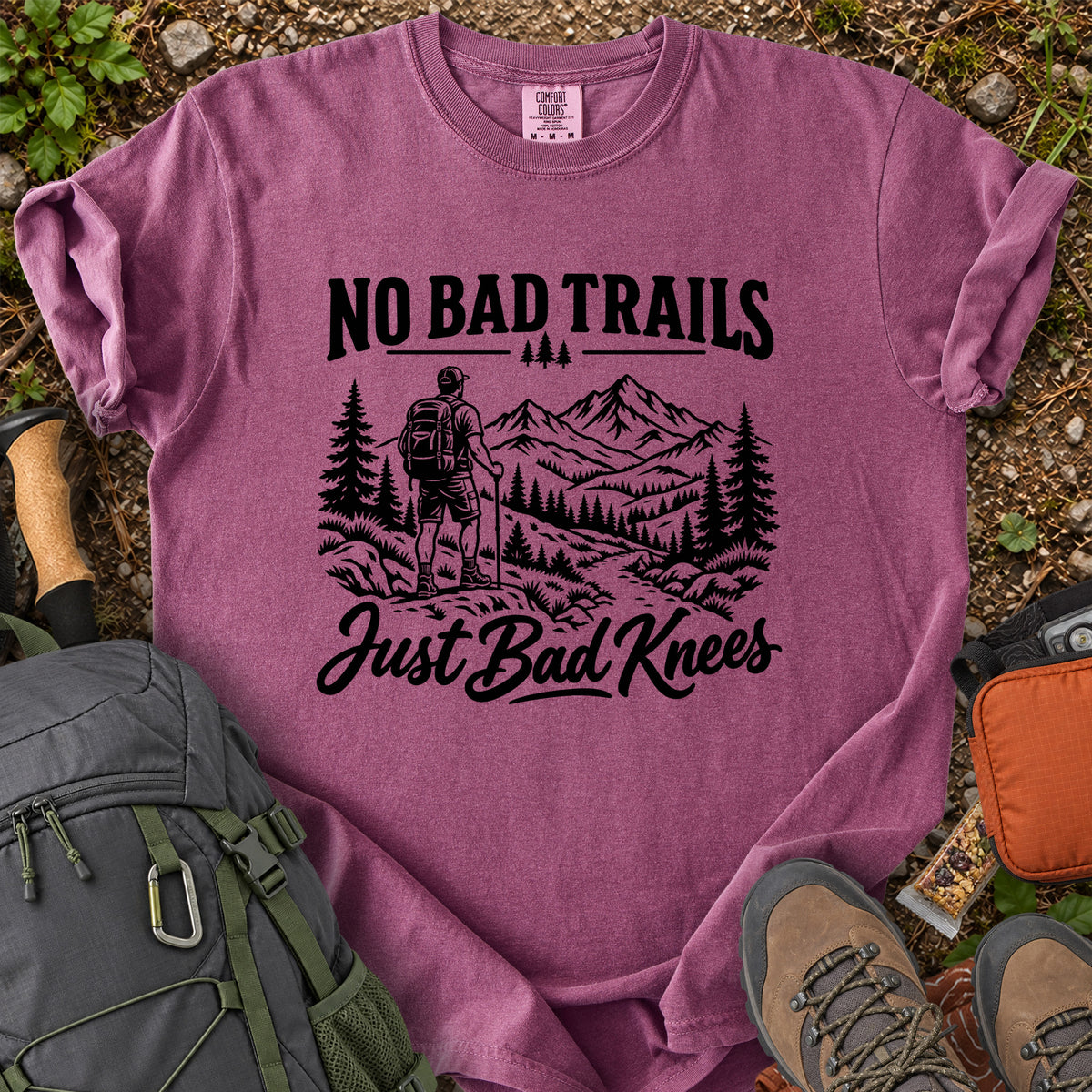 No Bad Trails Just Bad Knees men's hiking humor T-shirt
