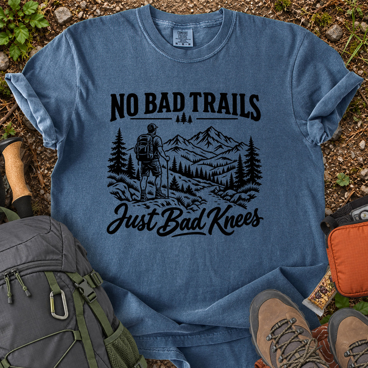 No Bad Trails Just Bad Knees men's hiking humor T-shirt