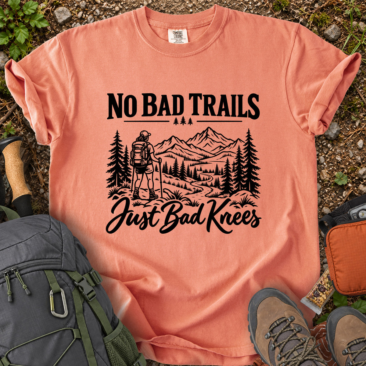 No Bad Trails Just Bad Knees women's hiking humor T-shirt