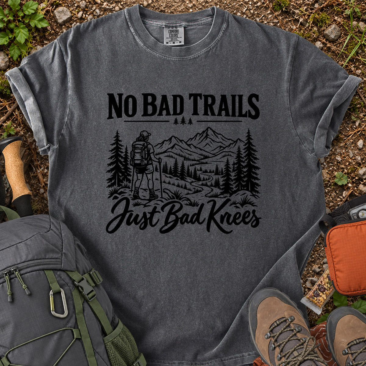 No Bad Trails Just Bad Knees women's hiking humor T-shirt