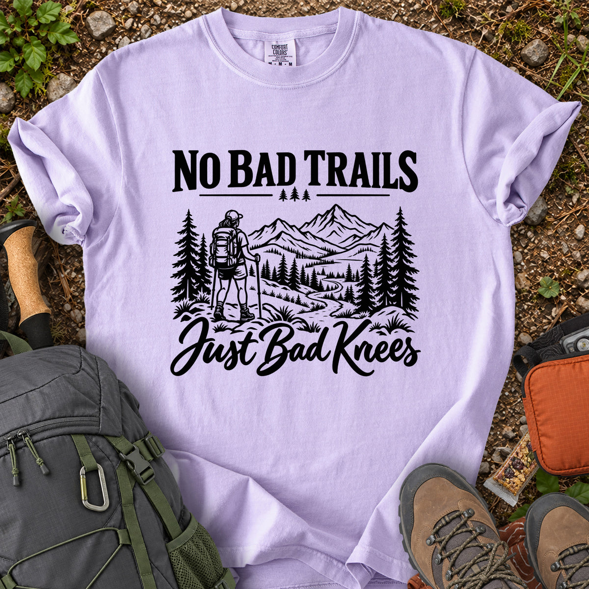 No Bad Trails Just Bad Knees women's hiking humor T-shirt