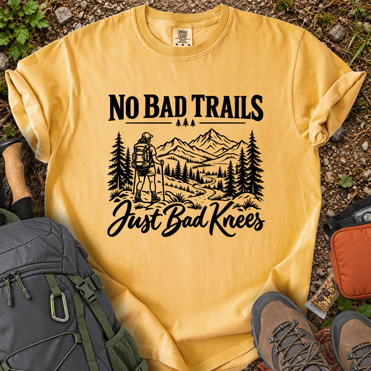 No Bad Trails Just Bad Knees women's hiking humor T-shirt