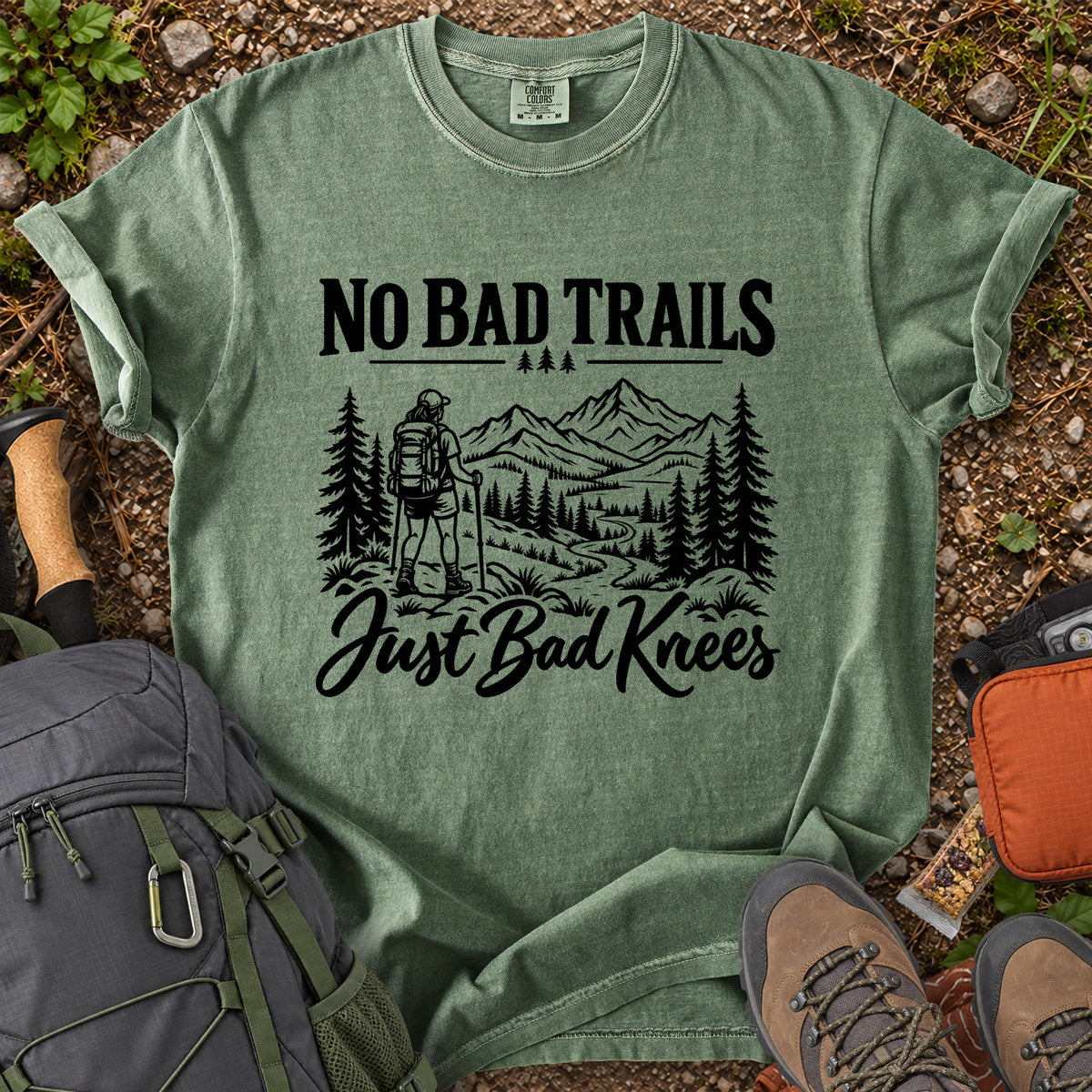 No Bad Trails Just Bad Knees women's hiking humor T-shirt
