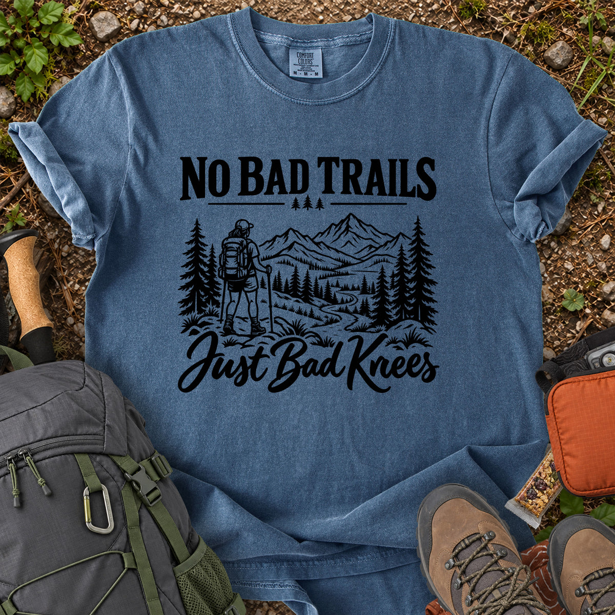 No Bad Trails Just Bad Knees women's hiking humor T-shirt