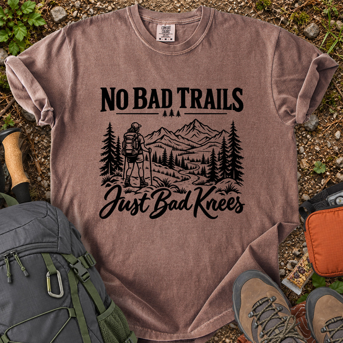 No Bad Trails Just Bad Knees women's hiking humor T-shirt