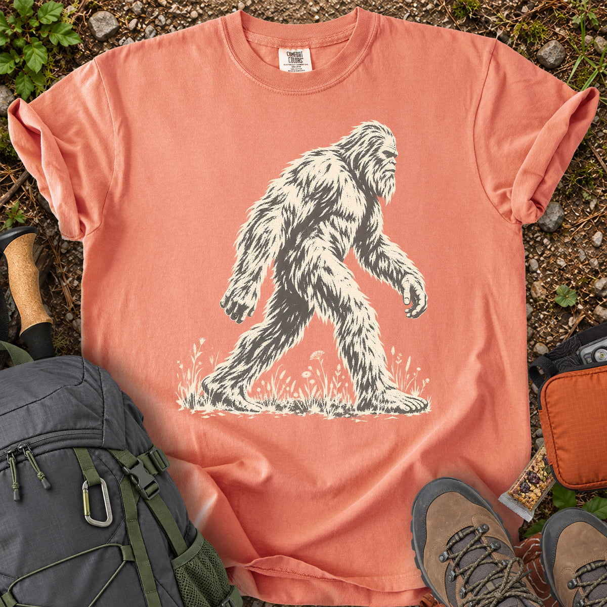 Sasquatch in Wildflowers Bigfoot graphic T-shirt
