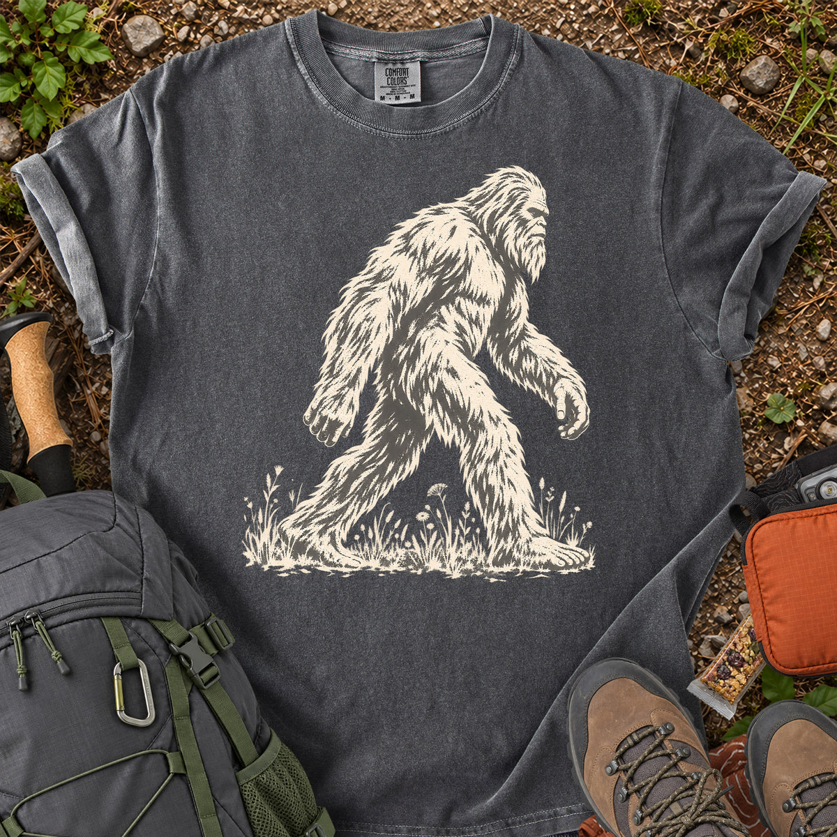 Sasquatch in Wildflowers Bigfoot graphic T-shirt